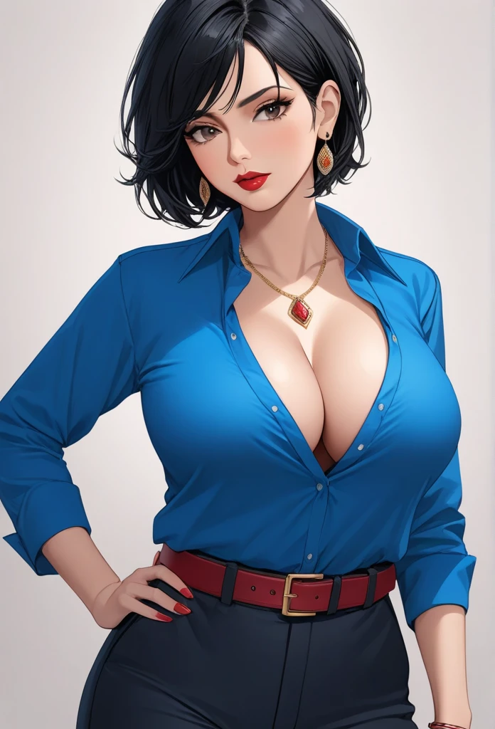 photorealistic, high resolution, 1women, mature female, solo, hips up, black hair, short hair, longsleeve blue shirt, belt, pants, police, cleavage, (downblouse), necklace,sharp jawline,makeup,big indian jhumka earrings,red lipstick