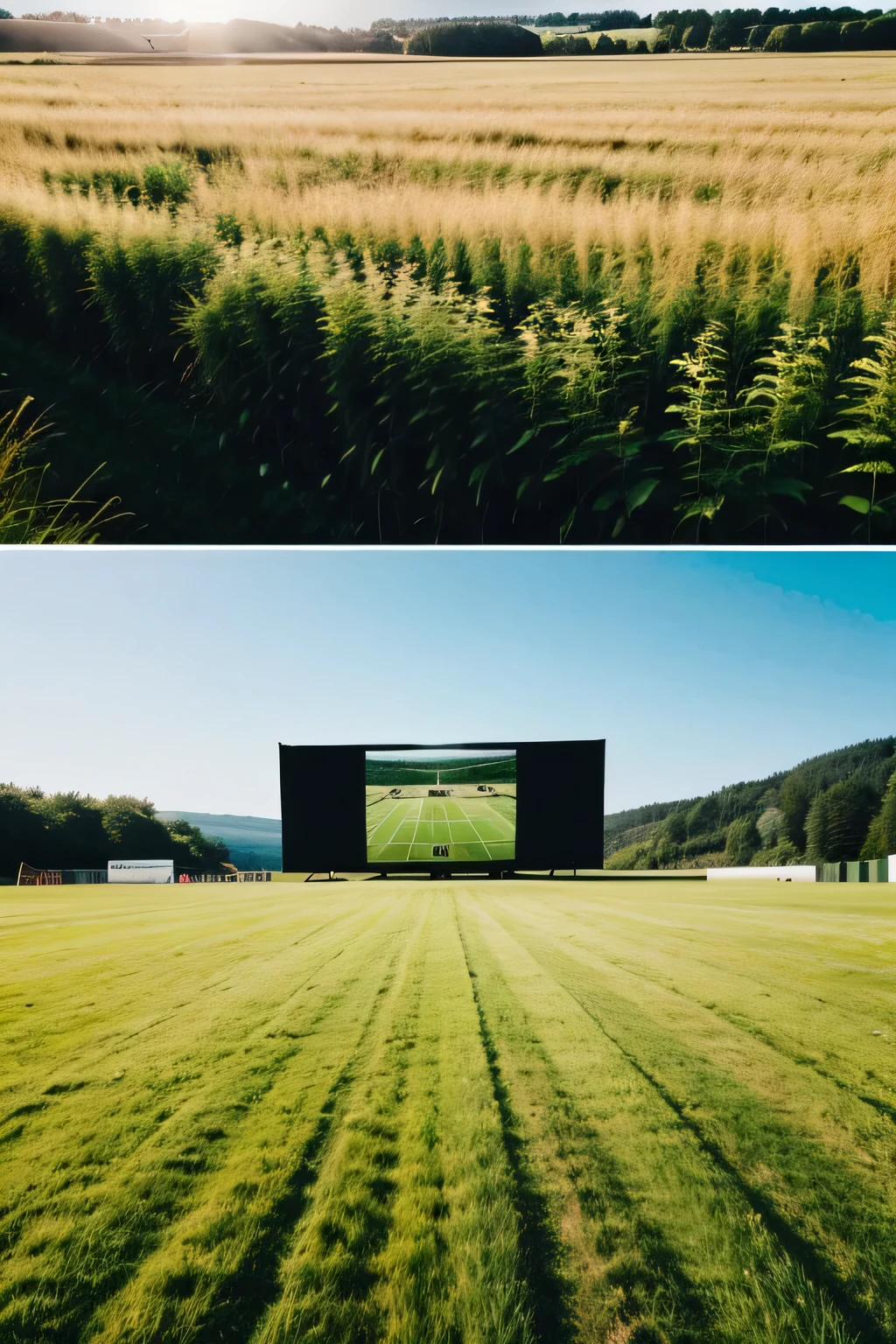 A video of a field where you see a cinema in the middle of the field and many people, this green field has to be innovative