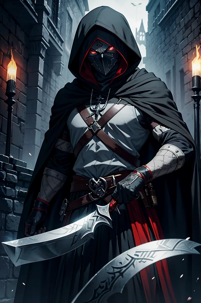 "An assassin, male, fantasy character, physically strong, wearing a skull mask covering his face and eyes, dressed in black medieval attire, with a white hooded cloak over it, gray hair, short hair, red eyes, holding a dagger, nighttime background."