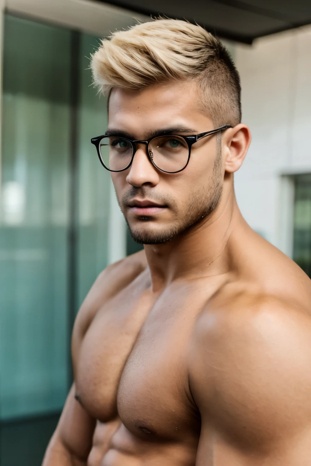 One Brazilian man、Wearing glasses、Fair skin、Muscular body、Green Eyes、Blonde wolf cut、Smooth Skin、