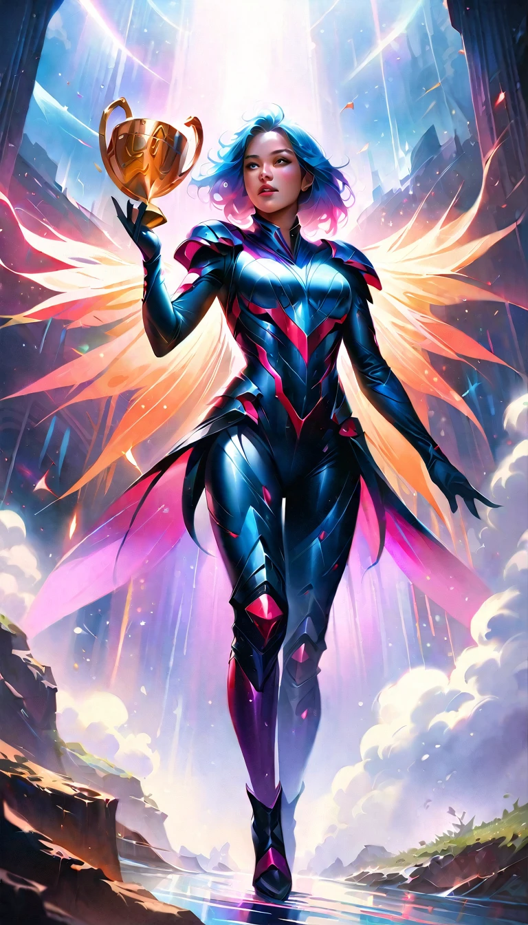 digital painting, (best quality,4k,8k,highres,masterpiece:1.2),ultra-detailed,(realistic,photorealistic,photo-realistic:1.37),sci-fi, dark fantasy, alien planet, full body shot, beautiful alien woman, award-winning moment, she win a deadly competition, joy and happy of winning, she hold the cosmic trophy of winning, lifts them up with his hand above head in a gesture of triumph, cosmic bloody armor, intricate details, surreal, dramatic lighting, cinematic, volumetric fog, otherworldly atmosphere, vibrant colors, chiaroscuro, cinematic angle, Cinematic Hollywood Film