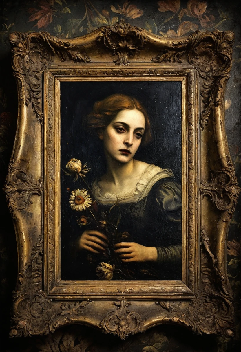 portrait, frame, old picture, horror tone, dark senss dead flowers in background, oil paint, antique period, the image was painted by a Renaissance artist, the painting must have signs of use and must be aged