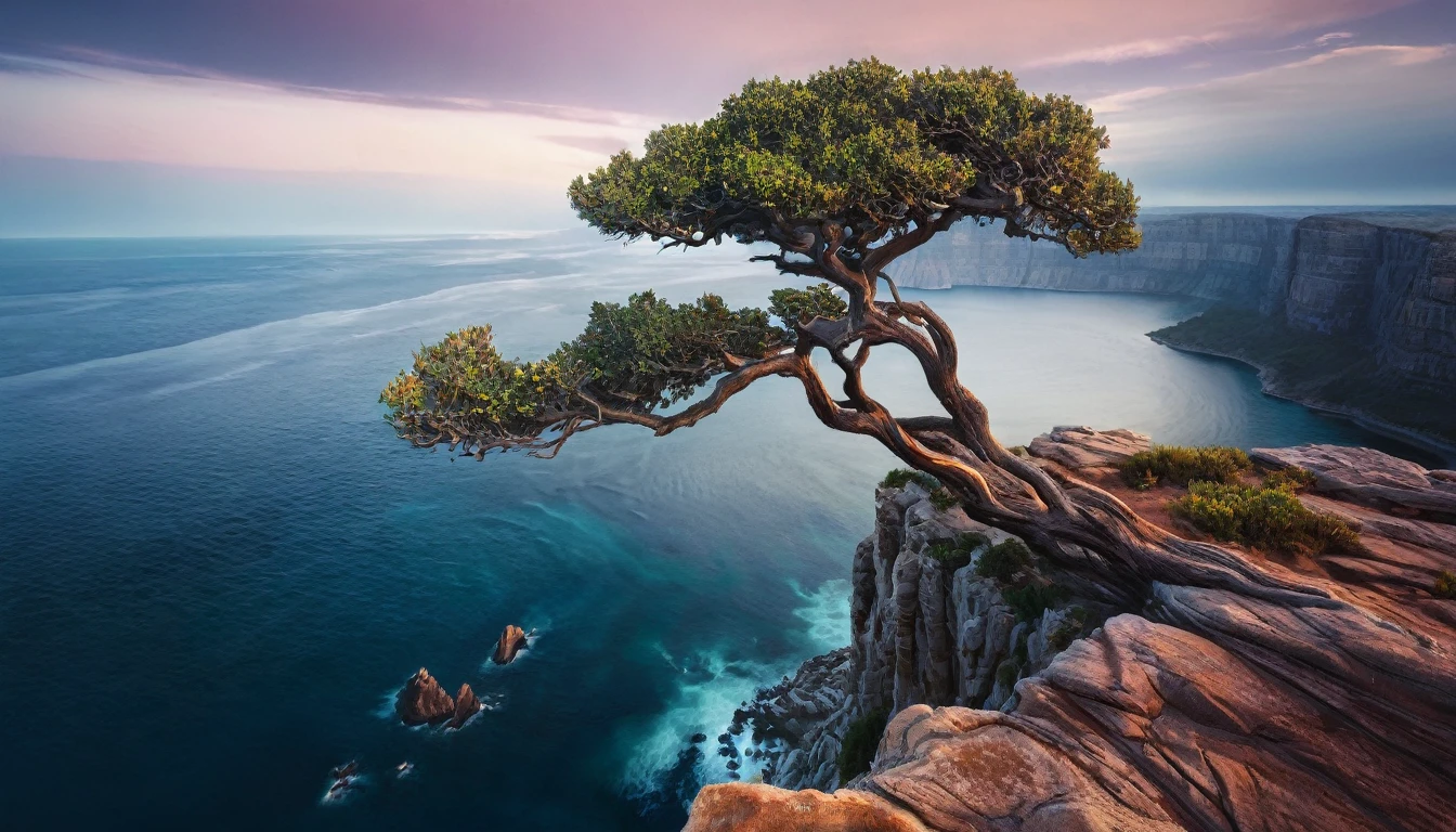 arafed tree on a rocky cliff overlooking a body of water, marc adamus, inspired by Michael Komarck, ryan dyar, an amazing landscape image, breathtaking landscape, dreamy landscape, inspired by Darek Zabrocki, landscape photo, mystical setting, bastien grivet, photorealistic landscape, by Alexander Kucharsky, max rive