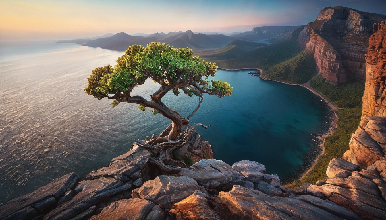 arafed tree on a rocky cliff overlooking a body of water, marc adamus, inspired by Michael Komarck, ryan dyar, an amazing landscape image, breathtaking landscape, dreamy landscape, inspired by Darek Zabrocki, landscape photo, mystical setting, bastien grivet, photorealistic landscape, by Alexander Kucharsky, max rive