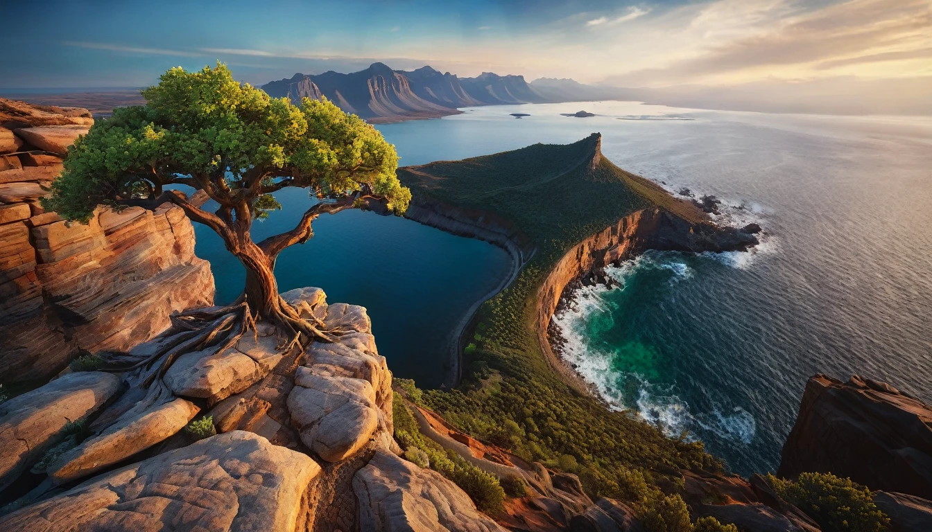 arafed tree on a rocky cliff overlooking a body of water, marc adamus, inspired by Michael Komarck, ryan dyar, an amazing landscape image, breathtaking landscape, dreamy landscape, inspired by Darek Zabrocki, landscape photo, mystical setting, bastien grivet, photorealistic landscape, by Alexander Kucharsky, max rive
