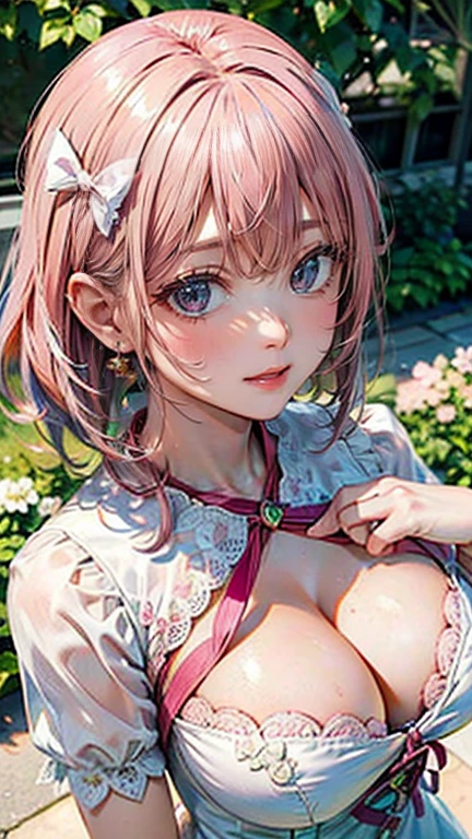 (Masterpiece, BestQuality:1.3), (ultra detailed:1.2), (hyperrealistic:1.3), (RAW photo:1.2), High detail RAW color photo, professional photograph, (Photorealistic:1.4), (realistic:1.4), professional lighting, perfect anatomy, (Big Breasts:1.2), (blush, detailed face), (cheerful Smile:1.5), (Pink Hair:1.5), Trending Hair&Trending Hairカラーをランダムに, earrings, necklace, bracelet, sexly, erotic sexly, Random sexy gravure poses, (in a verdant garden、A stunning beauty in a white floral mini dress。Lift up the hem of your dress、Smiling provocatively at the camera。The ribbon on the chest enhances the sexiness。: 1.3)