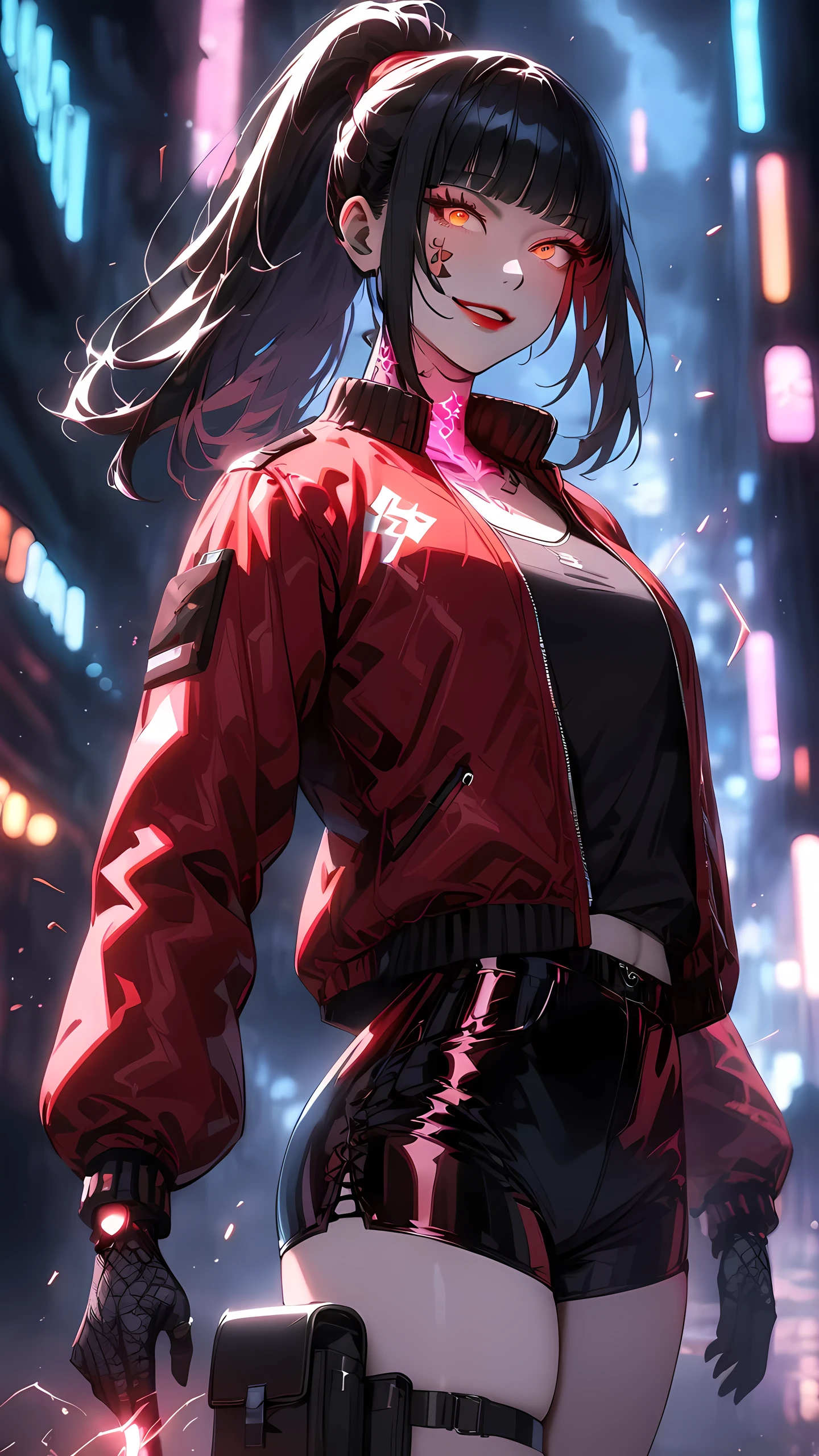 (highest quality, masterpiece, best quality:1.3), 1girl, solo, black hair:1.5, high ponytail, medium hair, blunt bangs, straight hair,red lips, brown eyes, smile, glowing eyes, red bomber jacket, latex shorts pants, thigh pouch, tattoo on neck, flower facial tattoo, bandage gloves, lightning, sparks, glowing, glowneon, cyberpunk towns, street, side blade