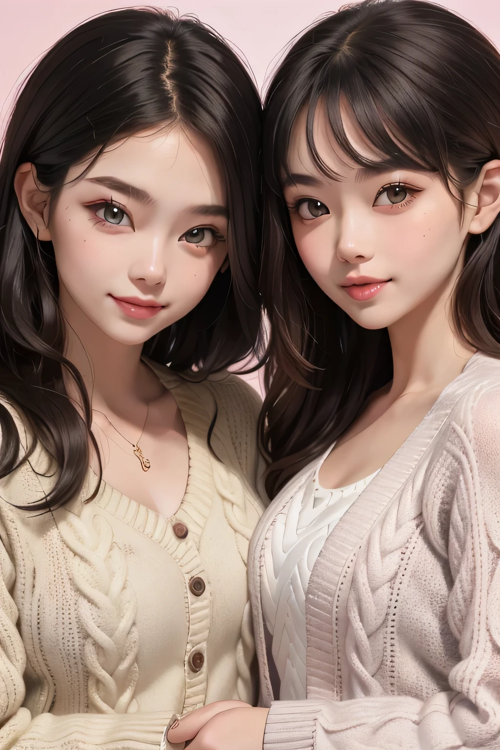 ((best quality)), ((masterpiece)), (detailed), 2girl, two girl, twin girl, dark hair, long hair, cute twin, cute girl, brown eyes, pastel clothes, cardigan, sweater, smile, happy girl, twin, twin , bright background, twin, long black hair, close up