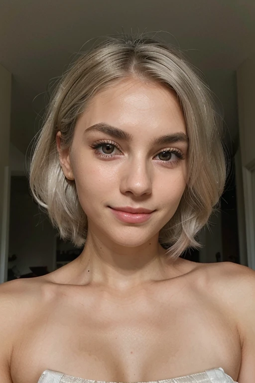Hair: The girl has short, platinum blonde or silver hair that falls softly around her face, giving her a chic and modern look. Eyes: Her eyes are brown and have a warm, inviting expression. They are framed by naturally arched eyebrows. Skin: She has a smooth, fair complexion with a natural glow. Features: She has delicate facial features with a well-defined jawline and high cheekbones. Expression: Her expression is gentle and slightly playful, with a subtle smile that suggests confidence and warmth. doing squad