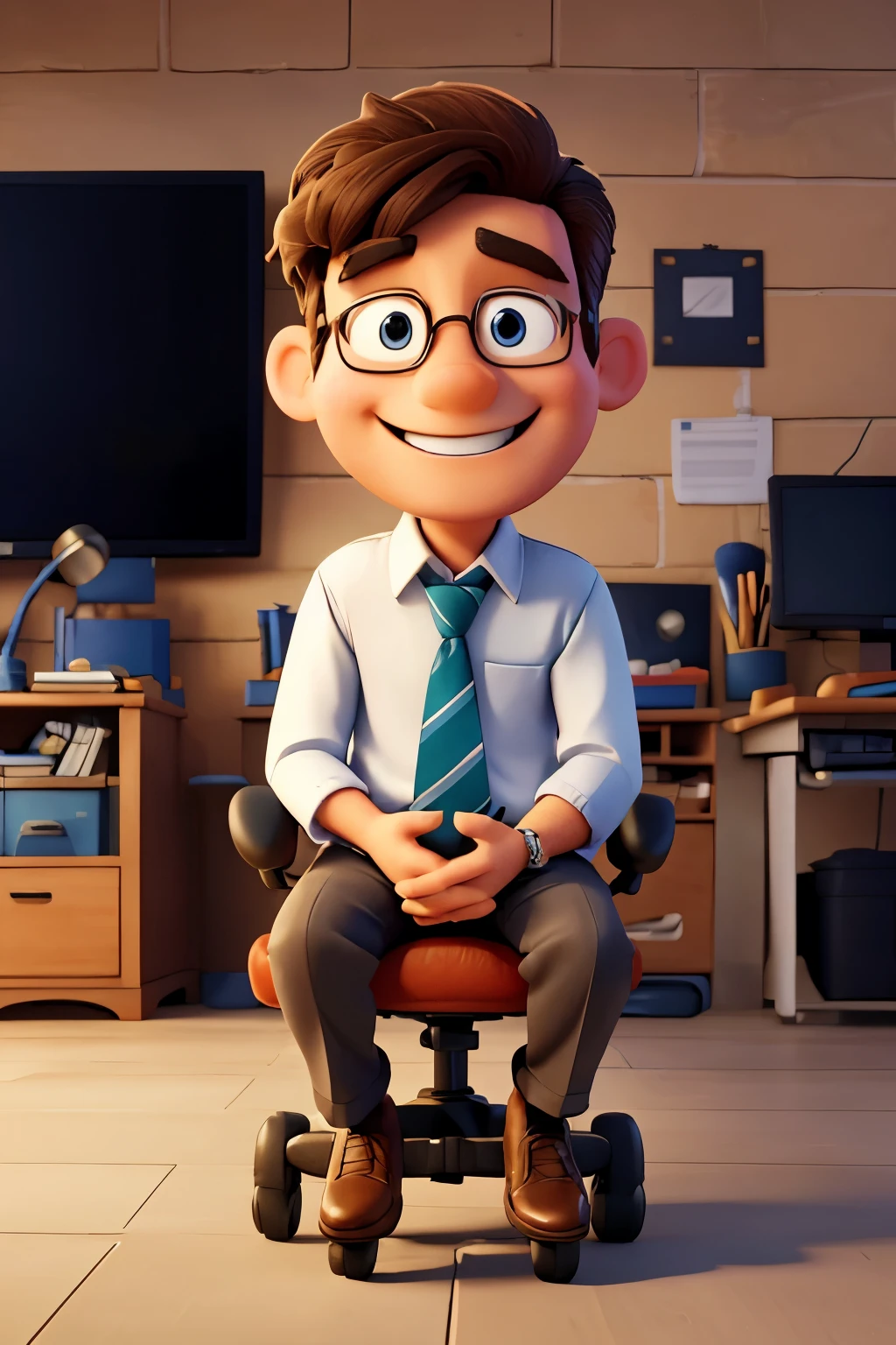 In a professional work environment, a three-dimensional animated character, cartoon-like, smiling in a friendly manner, sitting on a rubber roller with a professional filming environment around. He holds a no less professional film camera in his hands, offering a friendly position. The character is dressed in semi-formal attire, with fine details on your shoulders, hands and mouths. The midday light falls from above, Comp