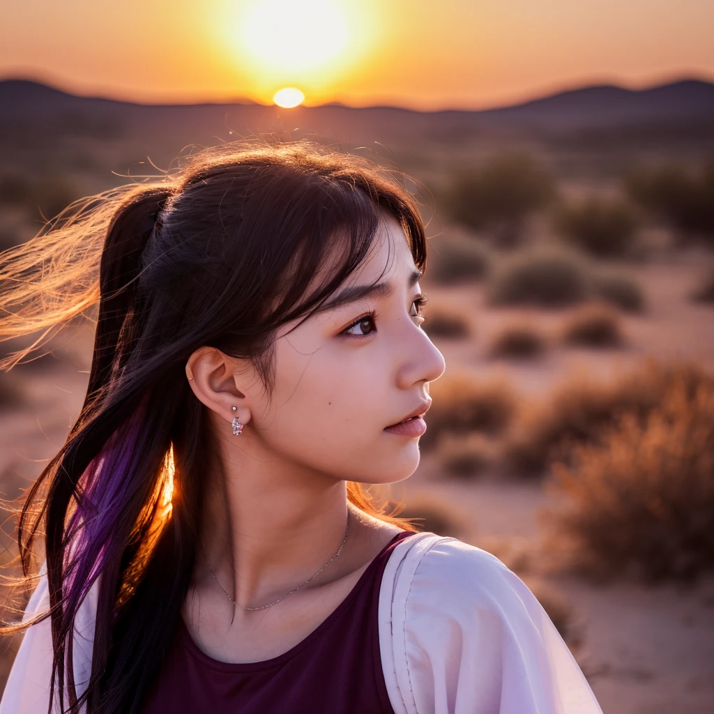 Girl with long purple hair fair skin nose small ear piercing and lips black eyes black clothing sunset in the desert mountains hair in the wind
