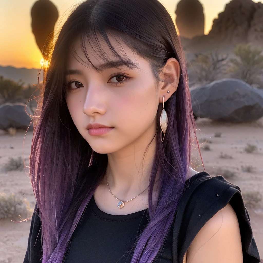 Girl with long purple hair fair skin nose small ear piercing and lips black eyes black clothing sunset in the desert mountains hair in the wind