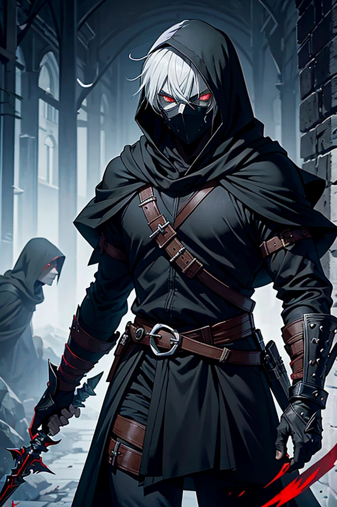 "An assassin, male, fantasy character, physically strong, wearing a skull mask covering his face and eyes, dressed in black medieval attire, with a white hooded cloak over it, gray hair, short hair, red eyes, holding a dagger, nighttime background."