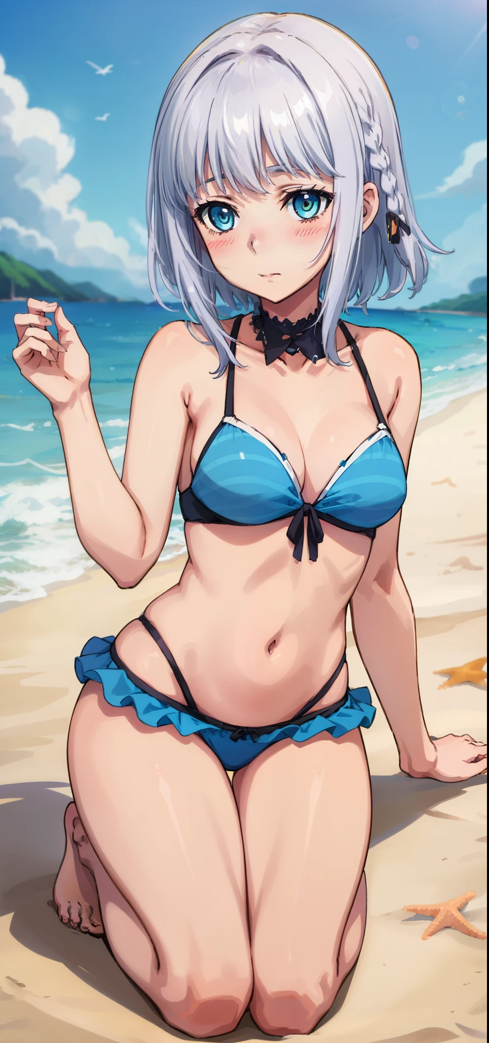1 girl, kanon kanase, , blush, medium breasts, sleeveless,((beach)),kneeling