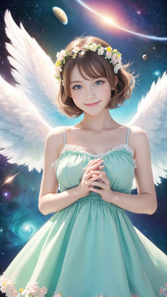 top quality, pastel painting, gentle atmosphere, twin girl angel, cute, Big breast, white wings, smiling happily, brown short hair of different colors, one with blue eyes, one with green eyes, dresses of different colors, flower hair ornament, upper body, looking at the viewer, space, meteor, light,