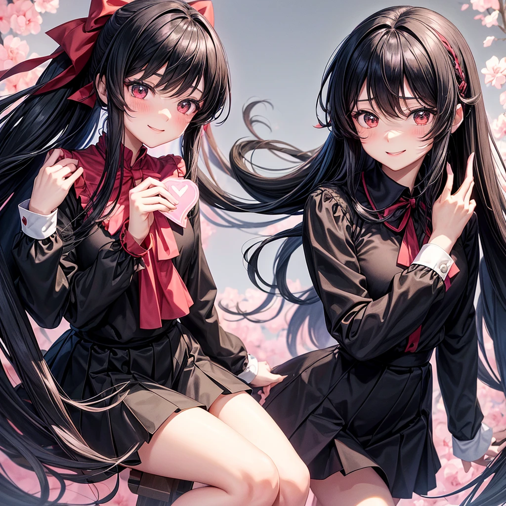 The image shows an anime girl with long black hair, tied in two bows. She is wearing a red long-sleeved blouse and a short black skirt, along with black stockings. His facial expression is slightly blushing and he has a small smile.. There is a pink heart in the upper left corner of the image.