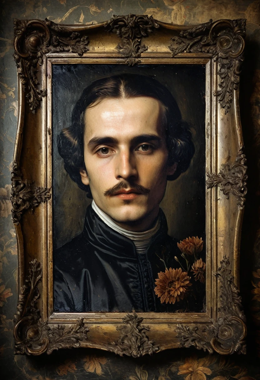 a man portrait, frame, old picture, horror tone, dark senss dead flowers in background, oil paint, antique period, the image was painted by a Renaissance artist, the painting must have signs of use and must be aged