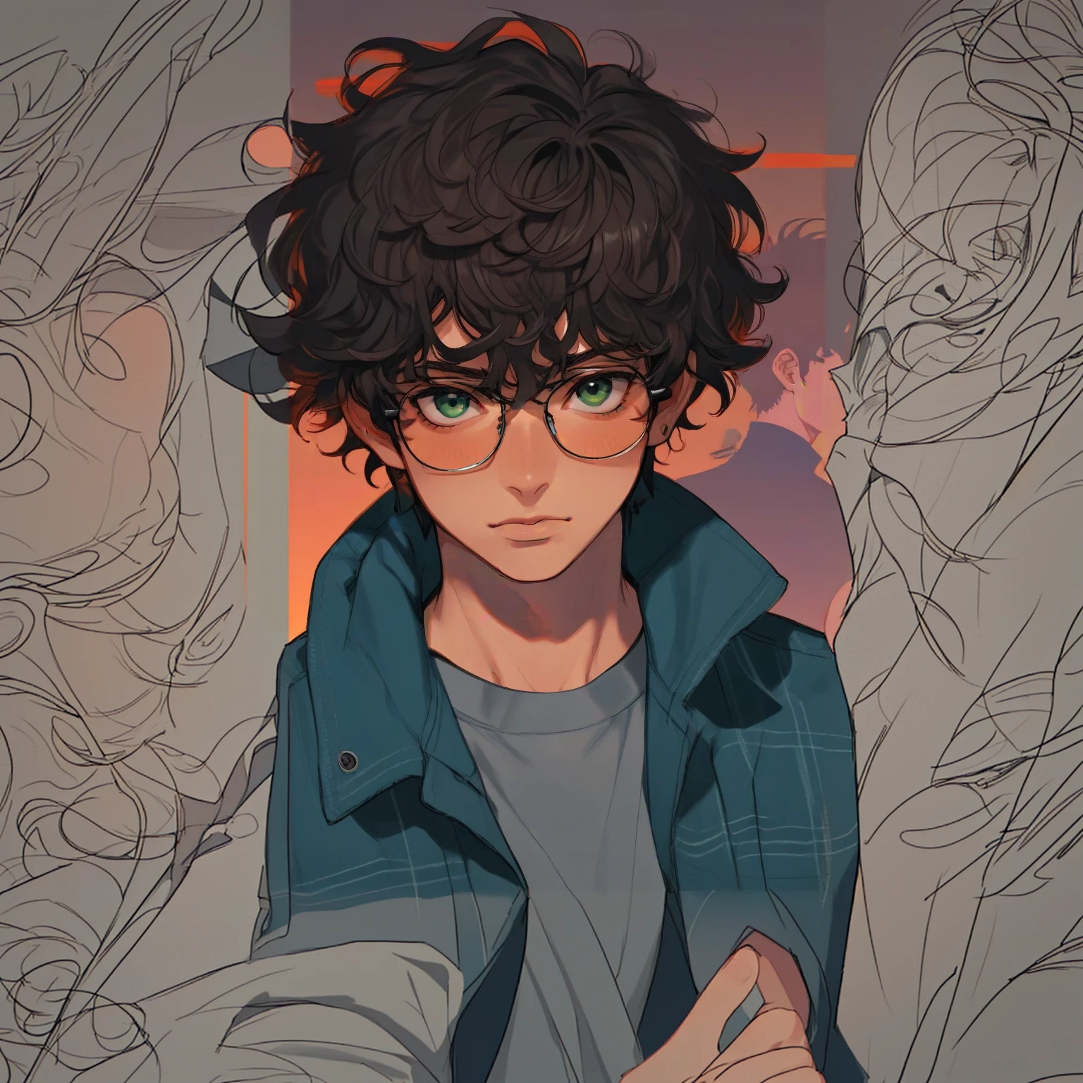 cartoon version character, male, green eyes, wavy curly hair, glasses, student, dark, 18 years old, likes history.