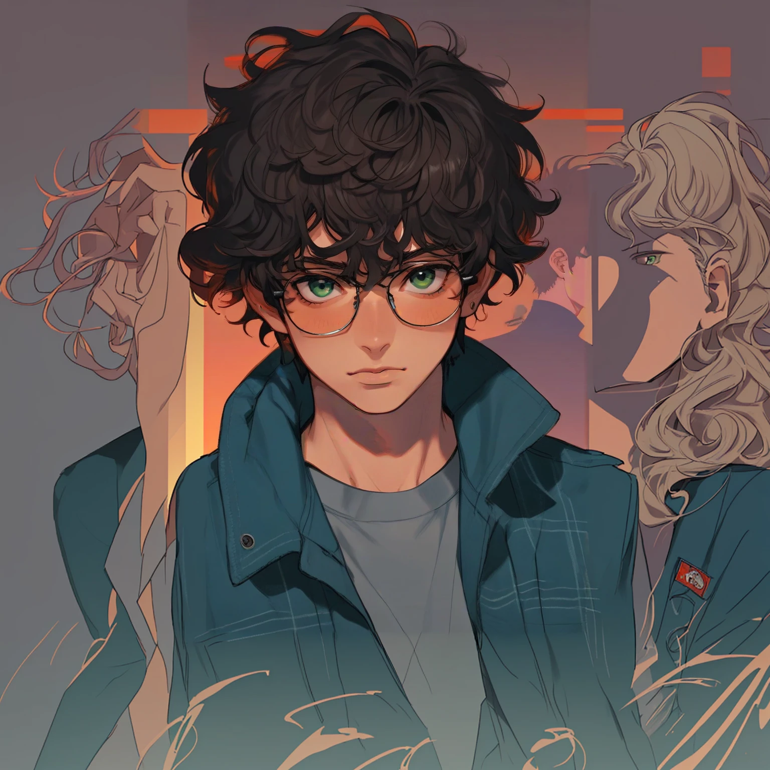 cartoon version character, male, green eyes, wavy curly hair, glasses, student, dark, 18 years old, likes history.