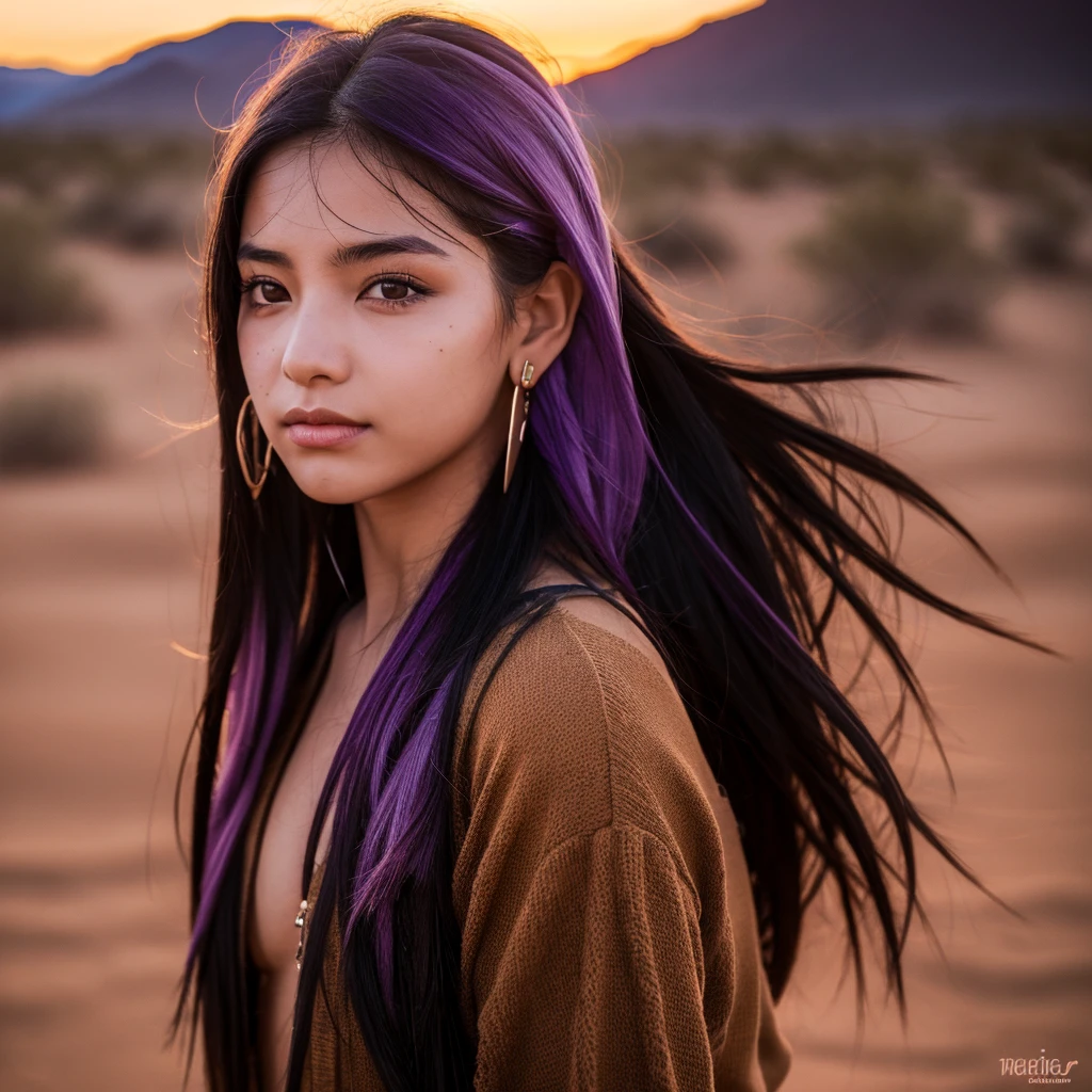 Brazilian girl with long purple hair fair skin nose small ear piercing and lips black eyes black clothing sunset in the desert mountains hair in the wind gothic