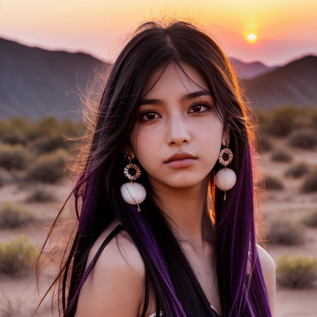 Brazilian girl with long purple hair fair skin nose small ear piercing and lips black eyes black clothing sunset in the desert mountains hair in the wind gothic
