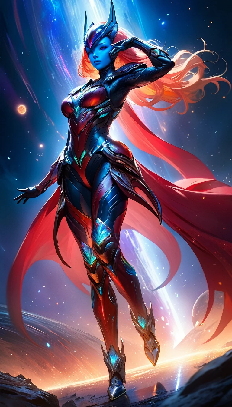 digital painting, (best quality,4k,8k,highres,masterpiece:1.2),ultra-detailed,(realistic,photorealistic,photo-realistic:1.37),sci-fi, dark fantasy, alien planet, full body shot, beautiful alien woman, award-winning moment, she win a deadly competition, joy and happy of winning, she hold the cosmic trophy of winning, lifts them up with his hand above head in a gesture of triumph, cosmic bloody armor, intricate details, surreal, dramatic lighting, cinematic, volumetric fog, otherworldly atmosphere, vibrant colors, chiaroscuro, cinematic angle, Cinematic Hollywood Film