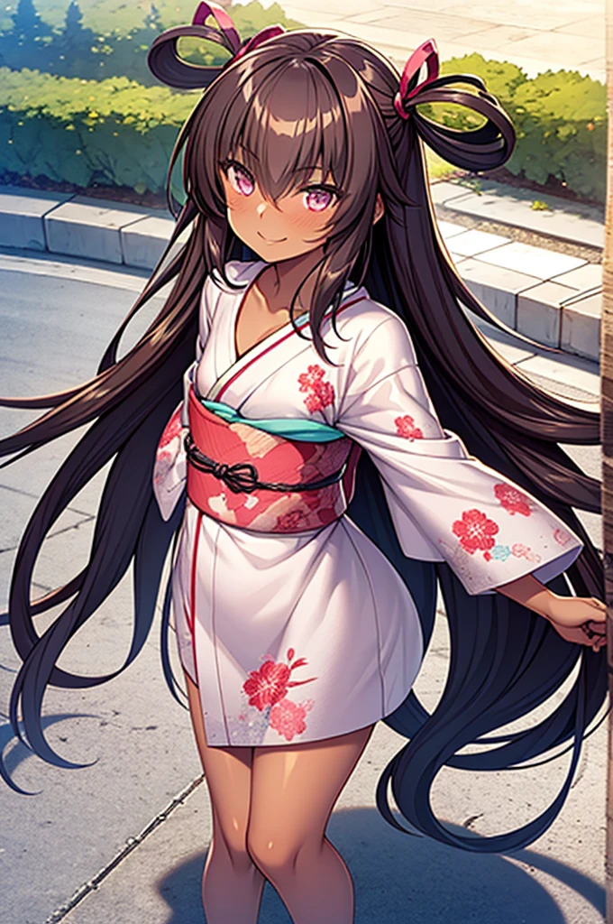 1girl, alone, (masterpiece), best quality, expressive eyes, perfect face, mizuki, small breasts, flat chest, dark skin, very long hair, ((brown hair)), hair between eyes, pink eyes, hair rings, looking at viewer, smiling, in the park ,Yukikaze Mizuki, full body, mini kimono, opening the kimono and showing the body