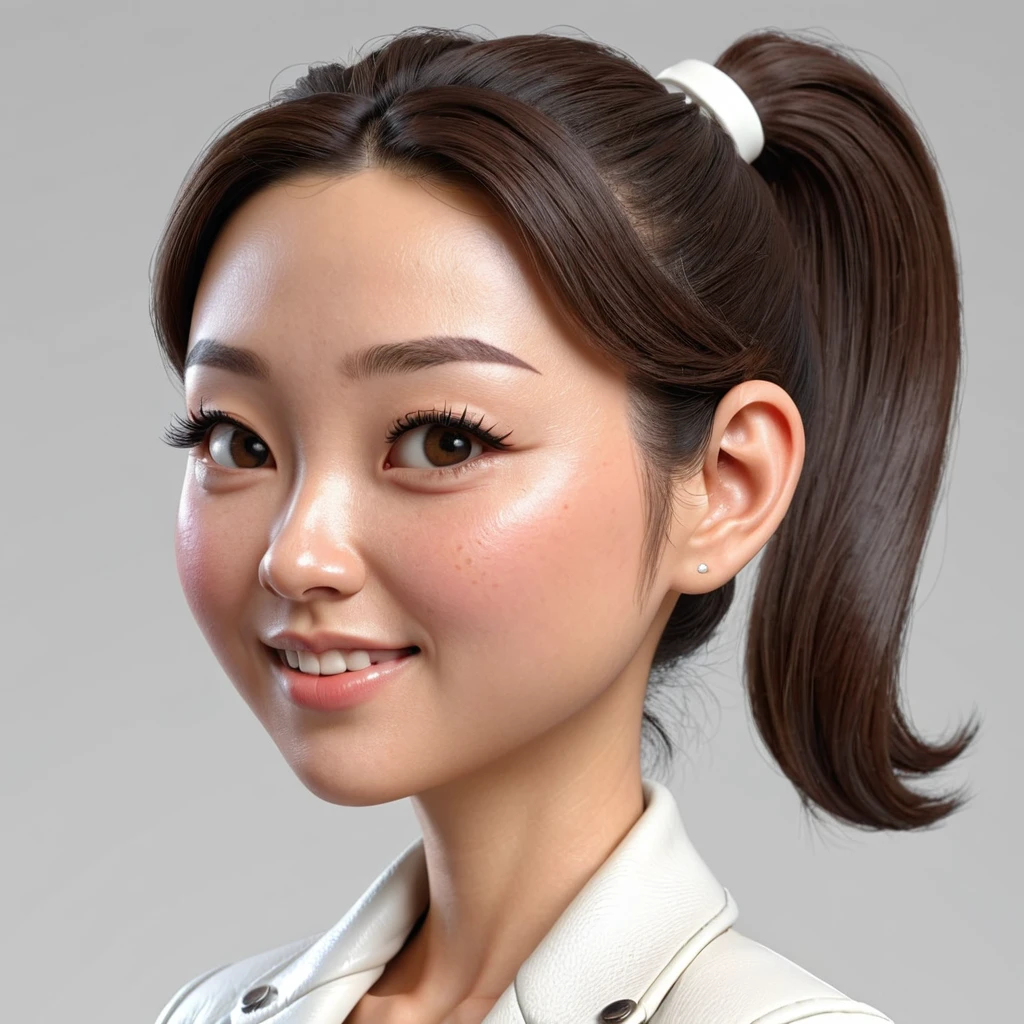 3D caricature of woman with ponytail and white jacket posing for photo, wan adorable korean face, photo profile headshot, he has a cute face, with cute face -charicatur-style-cartoon3D