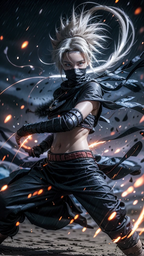 Moisturized skin, (red eyes), realistic body, (adult female body), energetic, (), (girl),
BREAK,
bright red lipstick, (beautiful navel), (silver hair), beautiful hair, (Kakashi Hatake's clothes: 1.3),
BREAK,
((masterpiece + highest quality + high resolution + highly detailed)), (full body: 1.2), symmetrical, one shot,
BREAK,
(electric shock), (wind blows), (blue electricity), (battle stance: 1.4),
BREAK,
(large Japanese sword), ninja, inside a mansion, assassination, cut, kunai, fantastical, dynamic,