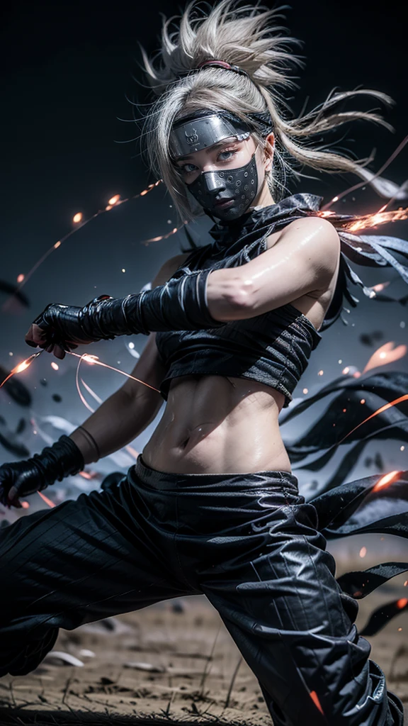Moisturized skin, (red eyes), realistic body, (adult female body), energetic, (), (girl),
BREAK,
bright red lipstick, (beautiful navel), (silver hair), beautiful hair, (Kakashi Hatake's clothes: 1.3),
BREAK,
((masterpiece + highest quality + high resolution + highly detailed)), (full body: 1.2), symmetrical, one shot,
BREAK,
(electric shock), (wind blows), (blue electricity), (battle stance: 1.4),
BREAK,
(large Japanese sword), ninja, inside a mansion, assassination, cut, kunai, fantastical, dynamic,