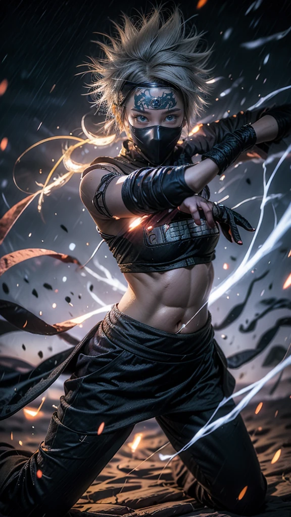 Moisturized skin, (red eyes), realistic body, (adult female body), energetic, (), (girl),
BREAK,
bright red lipstick, (beautiful navel), (silver hair), beautiful hair, (Kakashi Hatake's clothes: 1.3),
BREAK,
((masterpiece + highest quality + high resolution + highly detailed)), (full body: 1.2), symmetrical, one shot,
BREAK,
(electric shock), (wind blows), (blue electricity), (battle stance: 1.4),
BREAK,
(large Japanese sword), ninja, inside a mansion, assassination, cut, kunai, fantastical, dynamic,