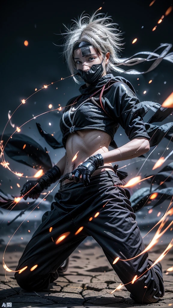 Moisturized skin, (red eyes), realistic body, (adult female body), energetic, (16 years old), (girl),
BREAK,
bright red lipstick, (beautiful navel), (silver hair), beautiful hair, (Kakashi Hatake's clothes: 1.3),
BREAK,
((masterpiece + highest quality + high resolution + highly detailed)), (full body: 1.2), symmetrical, one shot,
BREAK,
(electric shock), (wind blows), (blue electricity), (battle stance: 1.4),
BREAK,
(large Japanese sword), ninja, inside a mansion, assassination, cut, kunai, fantastical, dynamic,