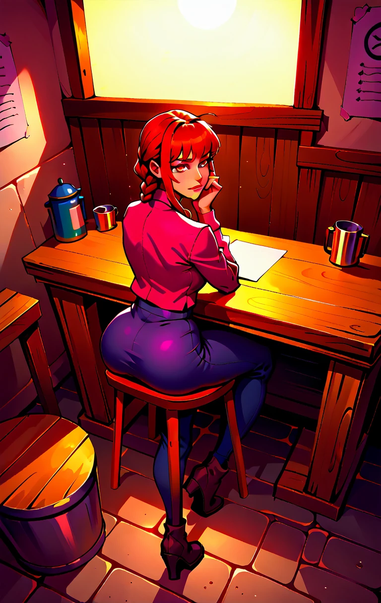 punctuation_9, punctuation_8_High above, punctuation_7_High above, punctuation_9, fountain_アニメ, BREAKS MakizeninSDXL, 1 girl, standing alone, breastsout, looking ahead at viewer, ssmile, shorth hair, bangss, overskirt, large breastsout, long sleeves, sitting down, cloused mouth, , jaket, gold eyes, hypdertailed, booties, hair green, cups, Inside the house, blue overskirt, chair, from low, cross legs, hand on own face, backlight, hand on own cheek, point of view from low, NSFW, sexy legs, big-ass, big glutes, makima, black leg pants