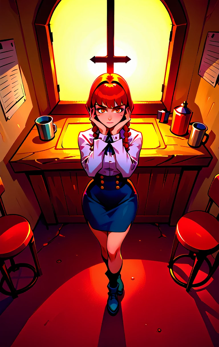 punctuation_9, punctuation_8_High above, punctuation_7_High above, punctuation_9, fountain_アニメ, BREAKS MakizeninSDXL, 1 girl, standing alone, breastsout, looking ahead at viewer, ssmile, shorth hair, bangss, overskirt, large breastsout, long sleeves, sitting down, cloused mouth, , jaket, gold eyes, hypdertailed, booties, hair green, cups, Inside the house, blue overskirt, chair, from low, cross legs, hand on own face, backlight, hand on own cheek, point of view from low, NSFW, sexy legs, big-ass, big glutes, makima, black leg pants