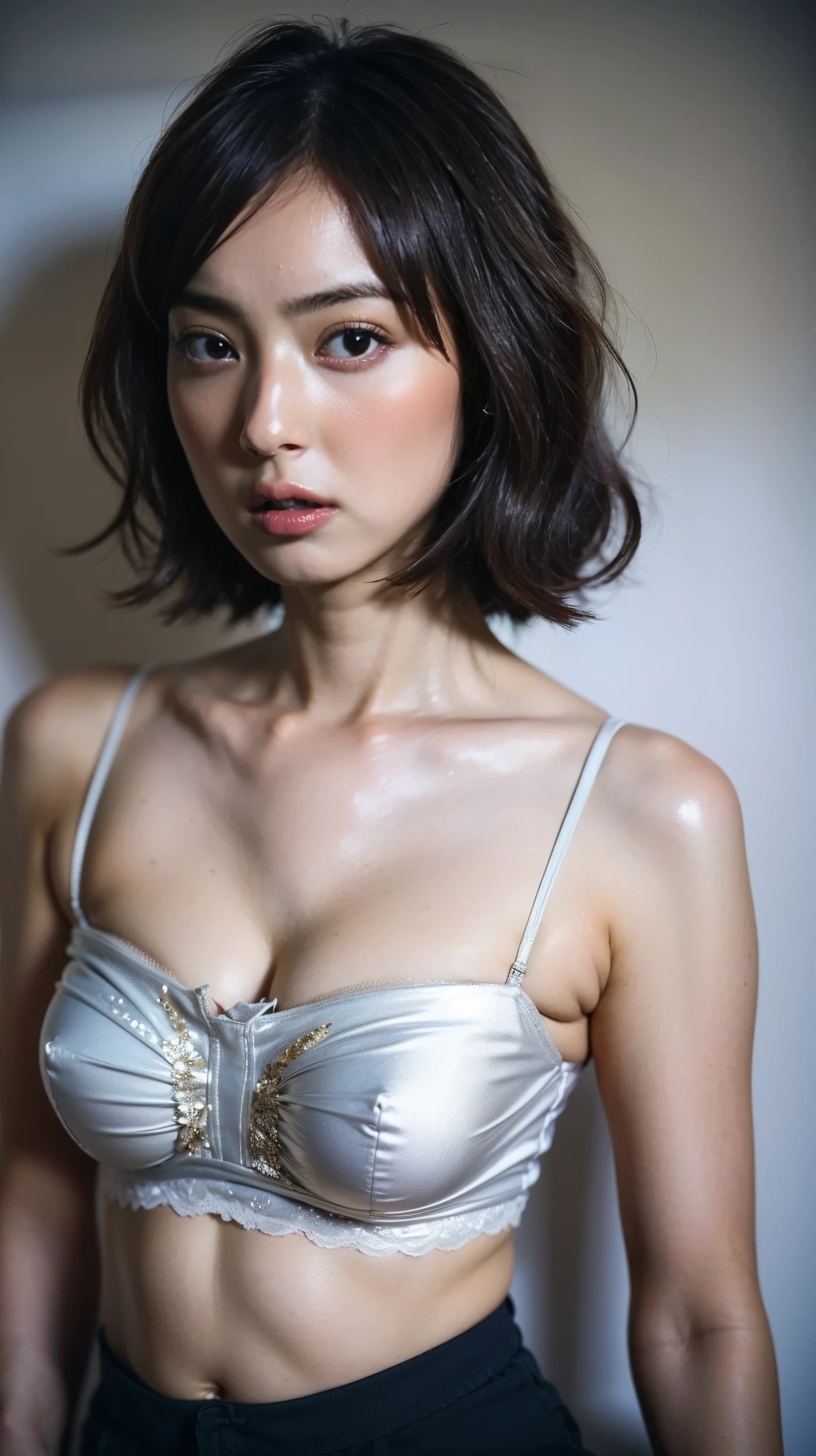 ((Highest quality, 8k, masterpiece, Super detailed, Ultra-high resolution, Realistic, RAW Photos, Absurd, The absolute solution:1.5)), Beautiful woman, One girl, Slim Abs :1.5, Dark brown hair, Bobcut, Large Breasts, (A small pair of underwear with thin, transparent lace and a low neckline, Night city street), Highly detailed face, Highly detailed lips, Detailed eyes, double eyelid