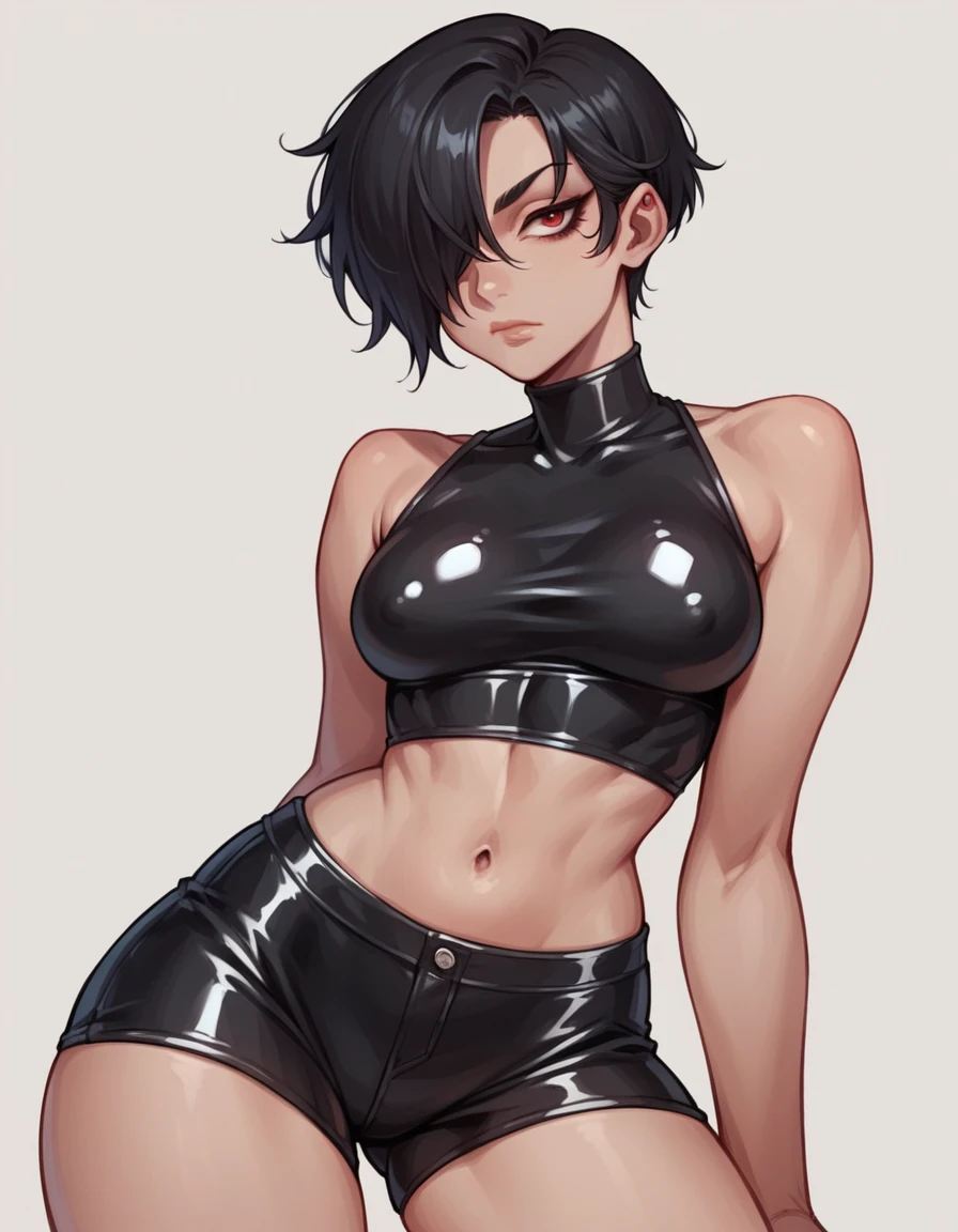 masterpiece, best quality, 1girl, tomboy, black hair, short hair, inverted bob, hair over one eye, thick lips, red eyes, closed mouth, long eyelash, veins, latex crop top, latex shorts,