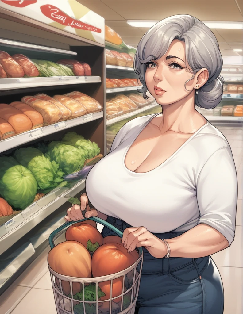 score_9, score_8_up, score_7_up, source_anime, 1 mature woman, (55 years old), aged, mature female is confused, curvy, plump body, grey hair, struggle with holding groceries, in a supermarket, (casual outfit)