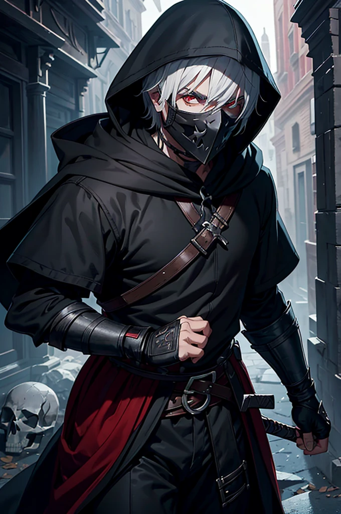 "An assassin, male, fantasy character, physically strong, wearing a skull mask covering his face and eyes, dressed in black medieval attire, with a white hooded cloak over it, gray hair, short hair, red eyes, holding a dagger, nighttime background."