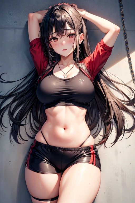 Kaori, Single model, solo, half Asian, half Latino, very long straight black hair, freckles, blushing, wet eyes, long chain pendant, very large heavy breasts, chubby, belly, stretchmarks, fitted sports top, small red lycra shorts , thigh length socks