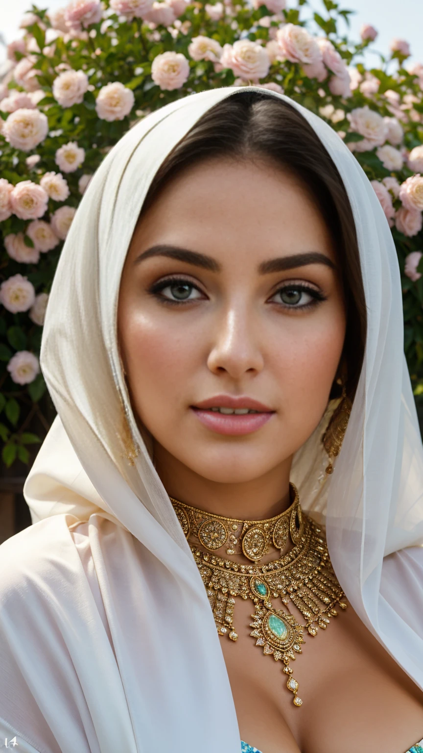 perfect eyes, fantastic face, MiddleEastern, beautiful look, ((light lips, bright eyes, curve heir 1.5)), (((beautiful details very huge breast ))), (Straight round and ultra huge clevage breast), A glorious gorgeous, glorious gorgeous face, pretty face, bright eyes, (detailed different Colourful elegant Hijab with Designs and sleeves), updo elegant hair, blurred gray tones background, ultra focus, face ilumined, face detailed, 8k resolution, painted, dry brush, brush strokes, razumov style and garmash style, by Tokaito, （fluorescent colours：1.4），（semi transparent：1.4），（retro filters：1.4），（fanciful：1.4）， Soft Fluffy Soft Landscape Light Soft Whimsical Light Canal Flowers Background Ultra Realistic Ultra High Quality Cinematic Lighting Huge Details Full HD Painting Plenty of light，diagonal bangs， Bright Colorful Hijab Headwear dress with collar，side masterpiece， best qualityer，realskin，（sportrait：1.5）， 1girll， bluntbangs， (long wavy hair)， ((Canal Flowers)),   ((Big Sexy Body Shape)),   ((Portrait Photo))