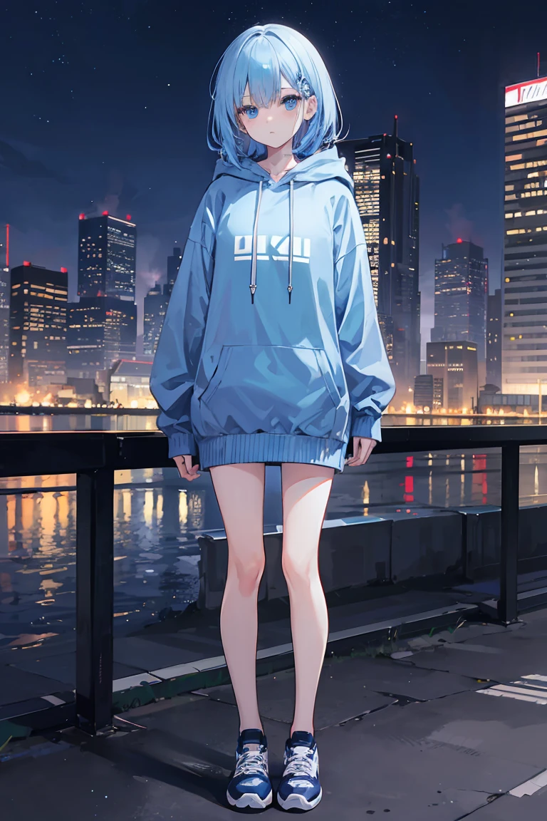 1 woman,light blue hair,blue eyes,blue and white hoodie,winter,looking at viewer,full body photo, Eye-Level Shot,Night background of future city with many buildings