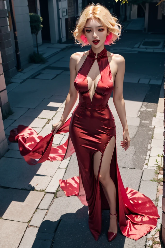 Beautiful vampire woman wearing red silk dress High Resolution, Breasts, Looking at viewer, Short Hair, full body Blonde Hair, Masterpiece, Best Quality, Pink Eyes, Fangs, Wide Shot, full body view