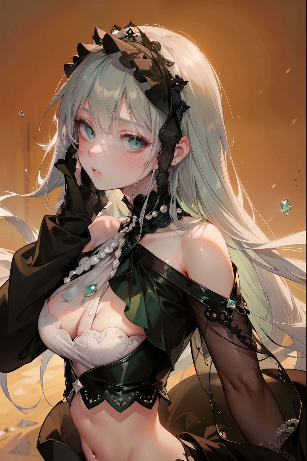 ((dark fantasy)), ((wavy hair, silver hair color, pale skin),(((green aquamarine eyes))), freckles, warm light,( ),busty,Glamour,Gorgeous,monochromes,erotic posing,Dynamic Posing,Arrange Pose,Dramatic,Cinematic,Detailed background, Dynamic Angle,From the angle of the film,Gothic background, Dark fantastic view,Best Quality,masutepiece,8K,The ultimate detailed dark background, Top image quality、RAW photography、超A high resolution,cropped shoulders, overall look is very erotic、Shot for one person only, model shoot, Large round chest, Beautiful Eyes of Details、Very slender eyes、Beautiful eyelashes、Very slim physique, with blush cheeks,Pearl Beaded Bralet Top, ((pearl top))