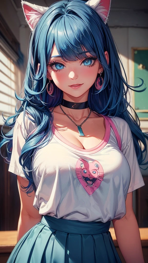 ((highest quality)),(ultra high resolution),(Super detailed),(detailed description),((best CG)),(best work of art),super precision art, great drawing art,(Art with precise details:1.5), 1 girl, solo, ((blue hair)), ((blue eyes)), beautiful face, long eyelashes, natural eyebrows, ((white t-shirt)), ((pink school skirt)), (looking at viewer), earrings, ear piercing, large breasts, thick thighs, cleavage, pale skin, flirty smile, juicy lips, posing sexily, sultry eyes, ((long bangs)), ((black choker, necklace)), (cat ears), close up, portrait, selfie