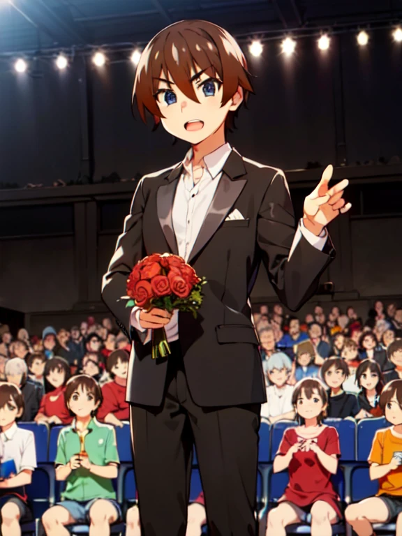 (Award-Winning Moment), (Keiichi_maebara), Keiichi_maebara, brown hair, Blue eyes, hair between eyes, 1 boy, (Award Ceremony), move, Award Announcement, audience, applause, tuxedo, Acceptance speech, demagogue, Gestures, bouquet, small🏆, 背景にaudience