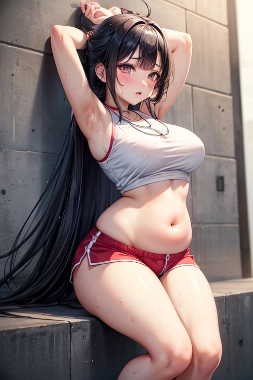 Kaori, Single model, solo, half Asian, half Latino, very long straight black hair, freckles, blushing, wet eyes, long chain pendant, very large heavy breasts, chubby, belly, stretchmarks, fitted sports top, small red lycra shorts , thigh length socks