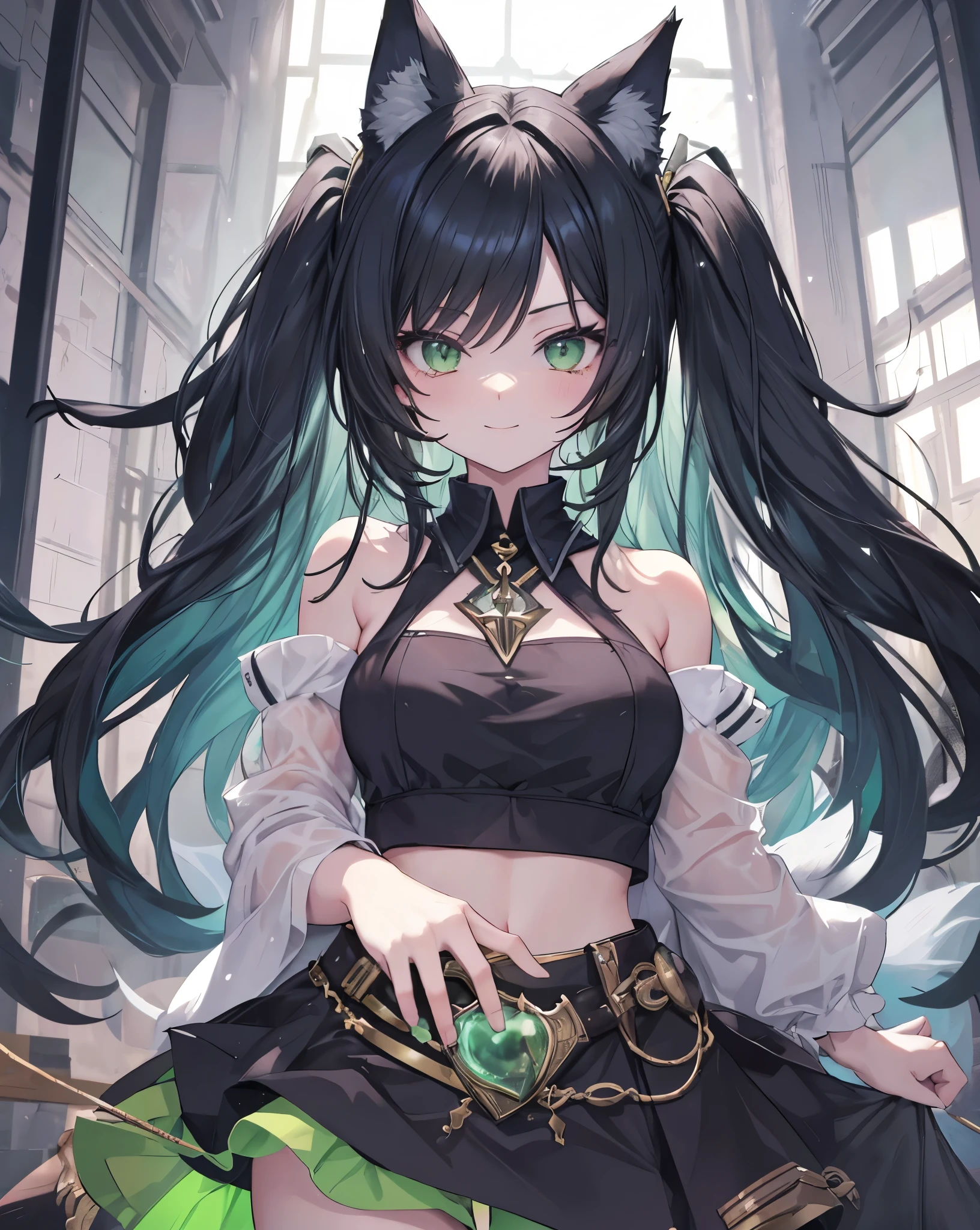 Indoor masterpiece, 1catgirl, cat ears, ((Black long hair)) , oversaturated green eyes, intricate cool dress. Bare shoulders, crop top, Shorts. Portrait. Medium breast. Super detailed. Perfect anime green eyes, bare shoulders.
Magic alchemist laboratory. Natural pose. She's working at a new potion. She's smiling , she's Smart . White fox tail.
