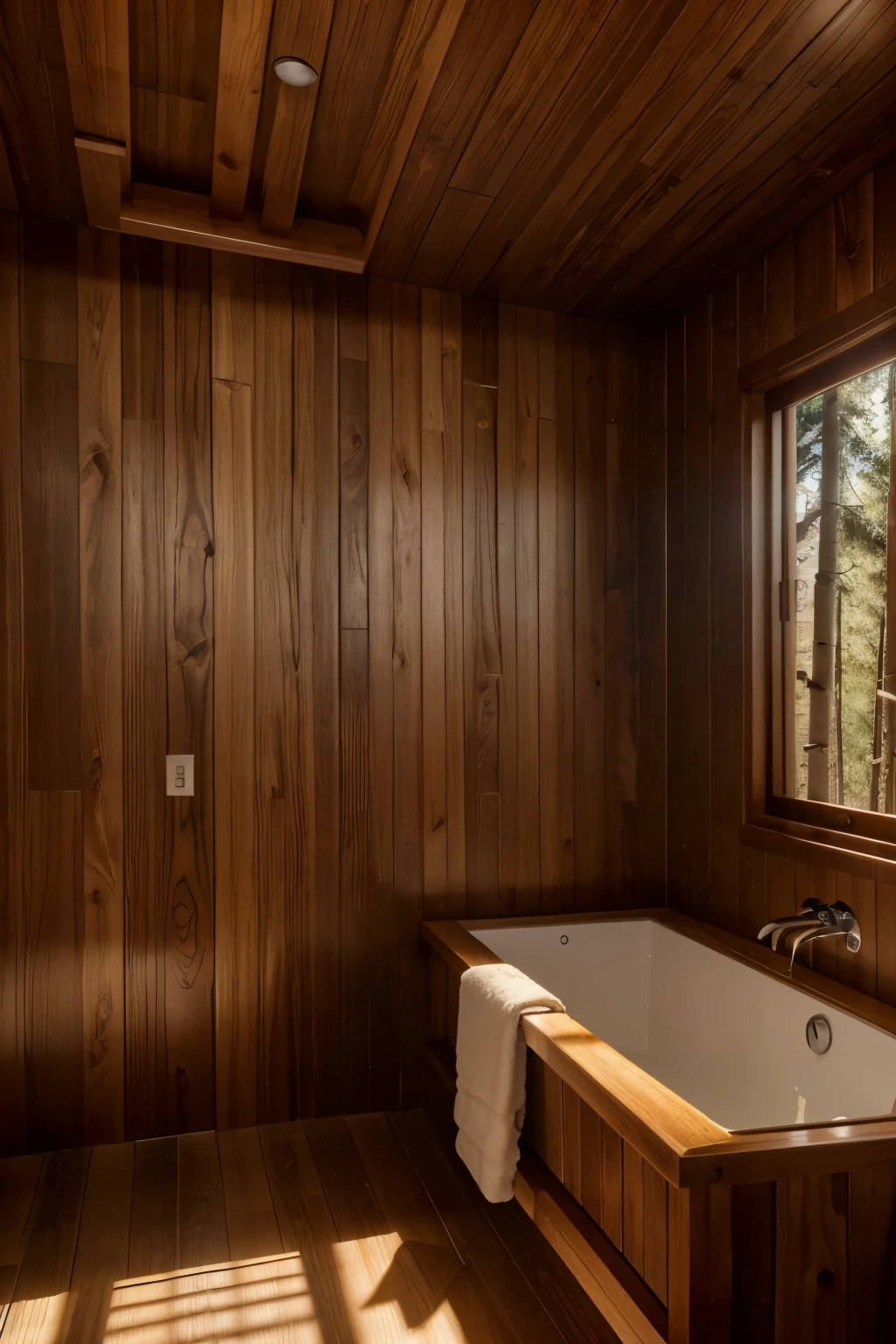 a bathroom with wooden walls and ceiling, aspen trees on the walls, (best quality,4k,8k,highres,masterpiece:1.2),ultra-detailed,(realistic,photorealistic,photo-realistic:1.37), natural lighting, warm color tones, peaceful and cozy atmosphere, intricate wood grain details, high ceiling, natural textures