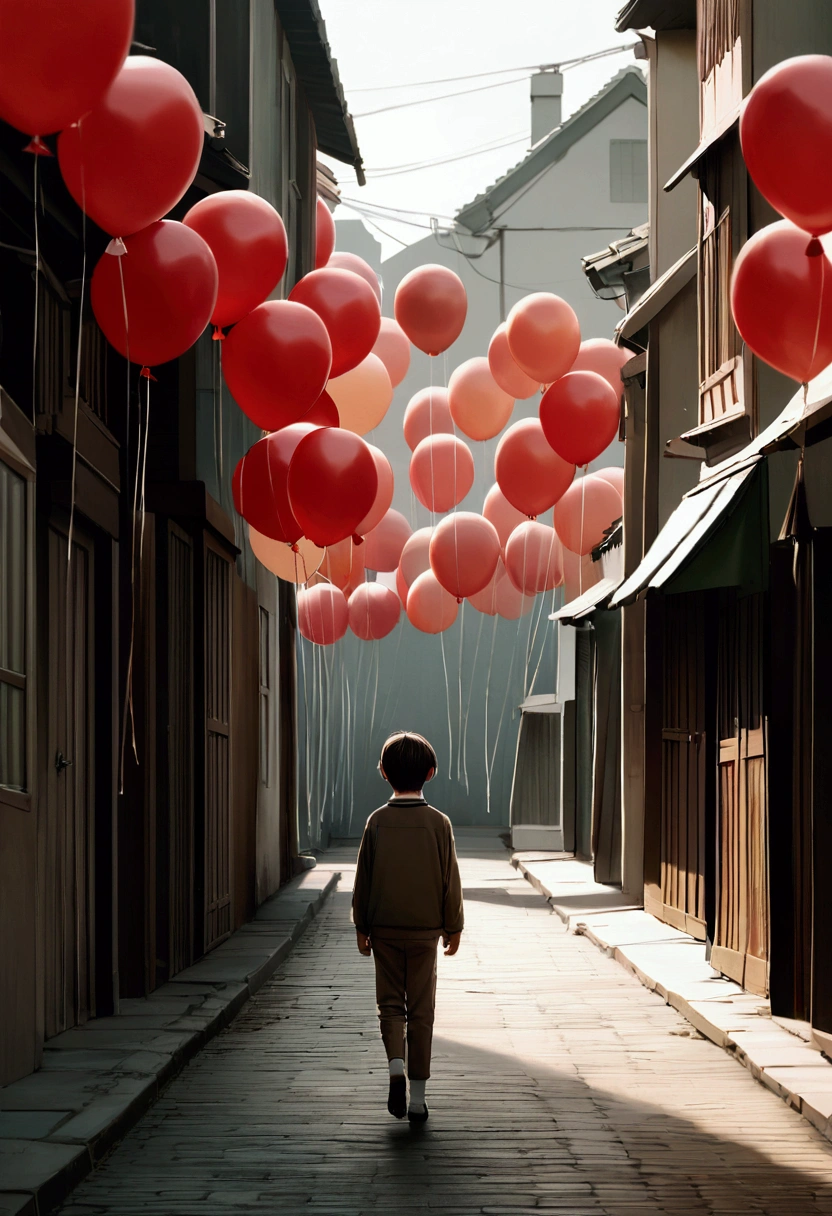 A 5 year old boy walking down a dark street, deserted street in search of a red balloon, just a balloon, that is loose in the air, dangerous situation, boy alone, far from home, lost on the way to school, アニメ, fotografia de cinema, hyperrealisti