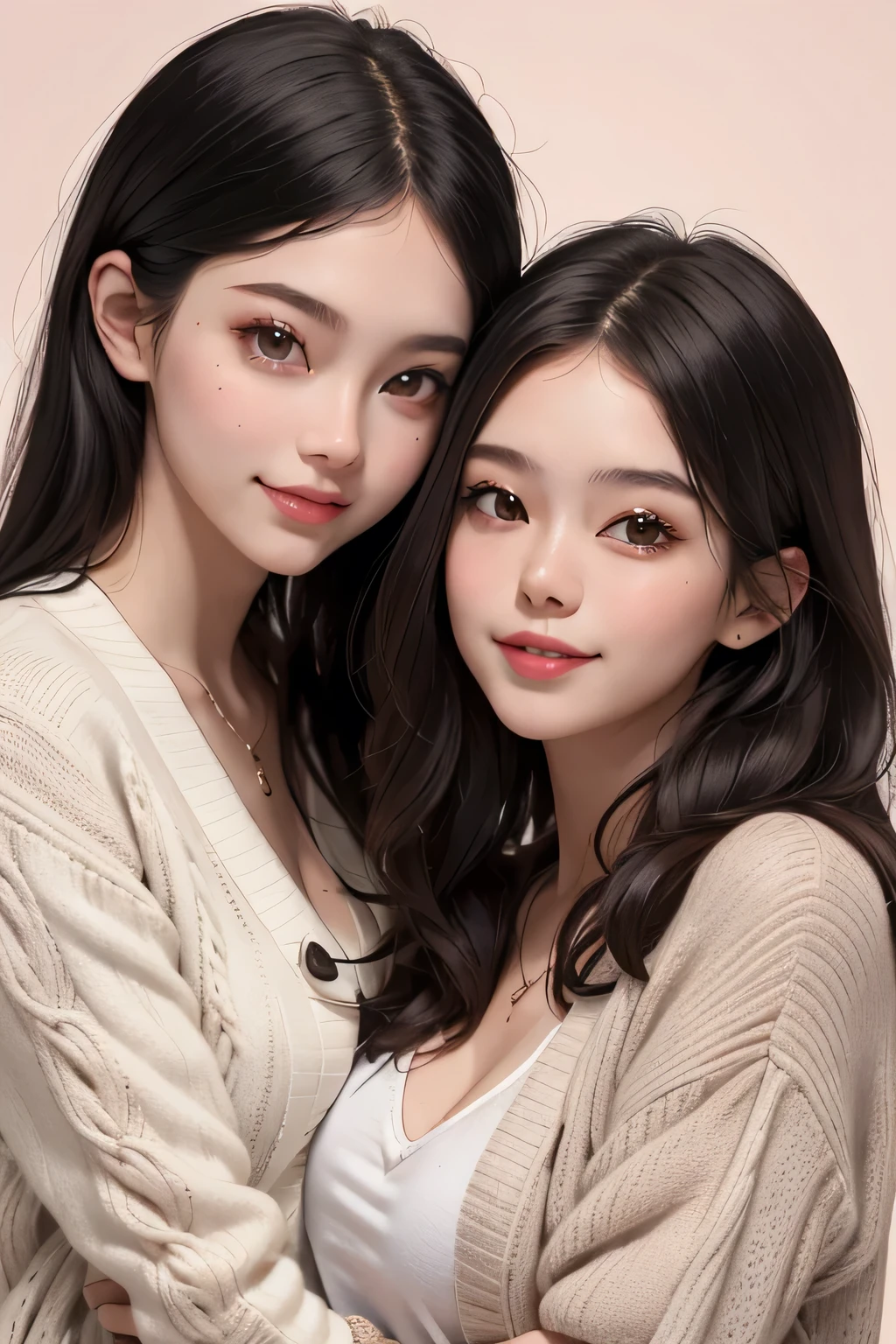 ((best quality)), ((masterpiece)), (detailed), 2girl, two girl, twin girl, dark hair, long hair, cute twin, cute girl, brown eyes, pastel clothes, cardigan, sweater, smile, happy girl, twin, twin , bright background, twin, long black hair, close up, young twins